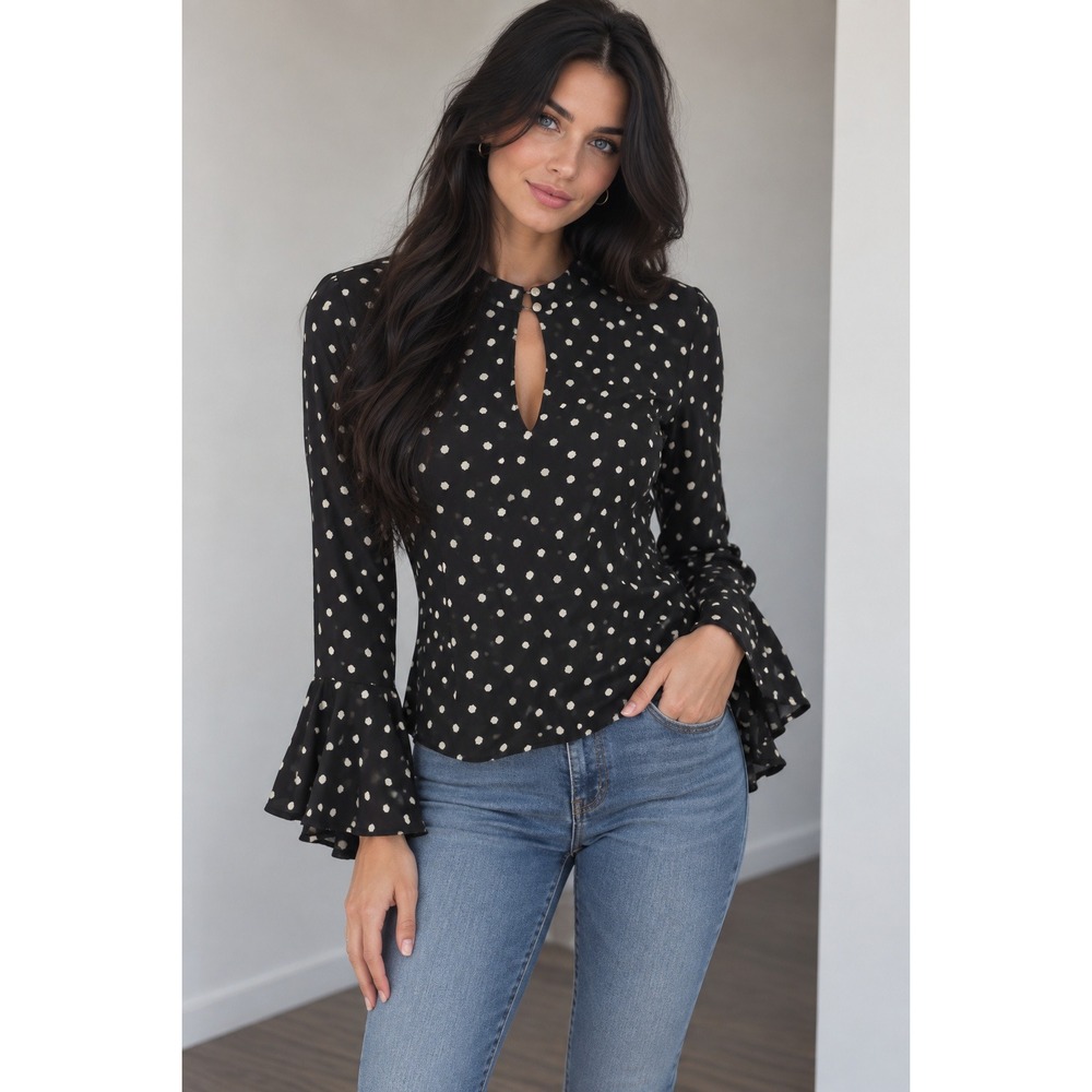 Forever 21 Polka Dot Mock Neck Keyhole Ruffle Sleeve Blouse Black White Small